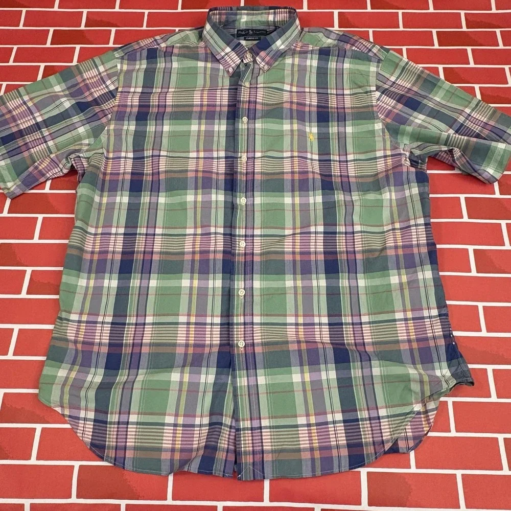 Ralph Lauren Madras Plaid Shirt Mens 2XLT Big Tall Cotton Short Sleeve Button-Up